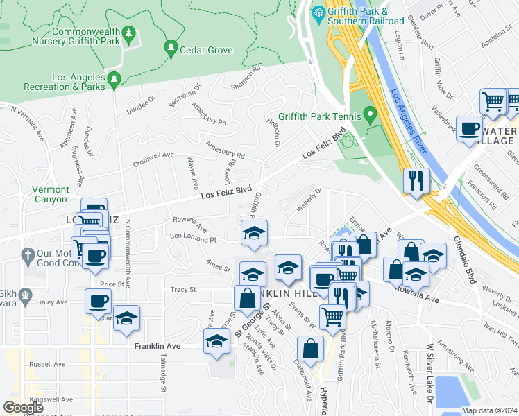 map of restaurants, bars, coffee shops, grocery stores, and more near 3314 Griffith Park Boulevard in Los Angeles