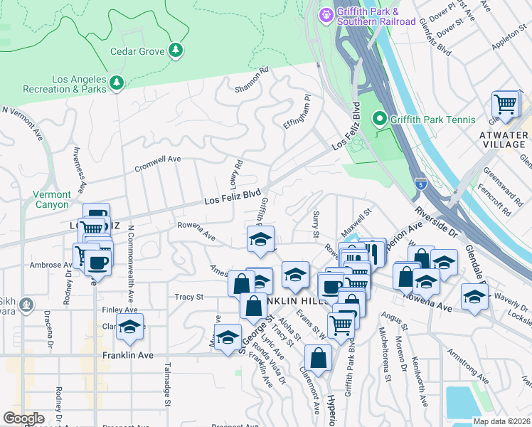 map of restaurants, bars, coffee shops, grocery stores, and more near 3314 Griffith Park Boulevard in Los Angeles