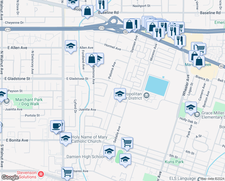 map of restaurants, bars, coffee shops, grocery stores, and more near 567 Fernshaw Drive in La Verne
