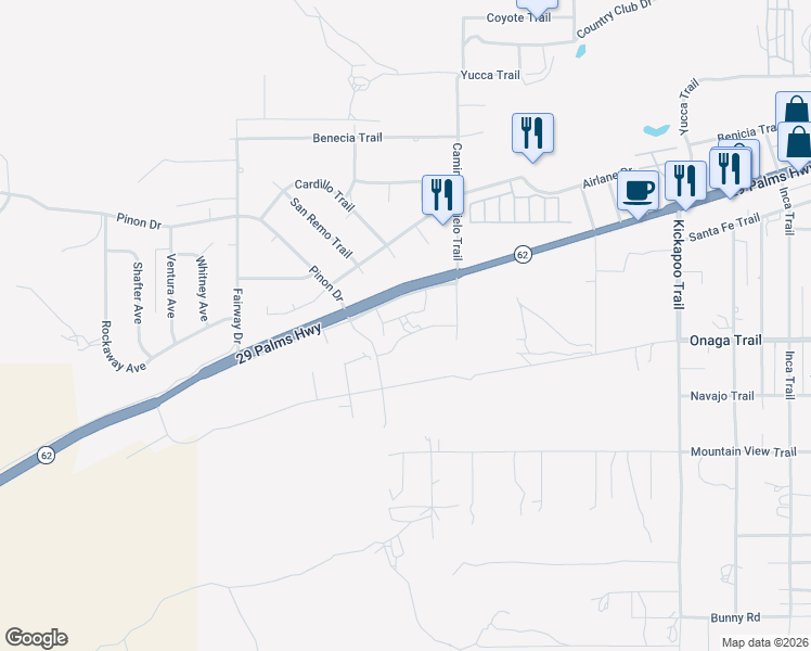 map of restaurants, bars, coffee shops, grocery stores, and more near Onaga Trail in Yucca Valley