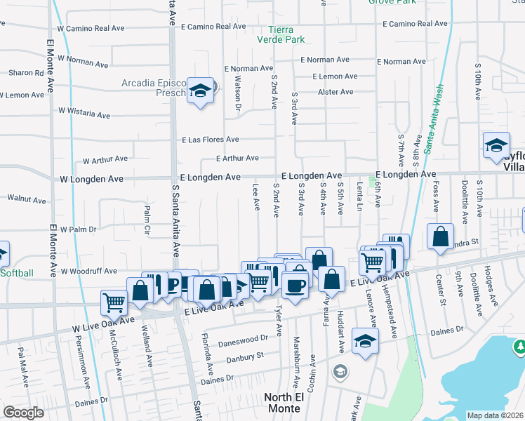 map of restaurants, bars, coffee shops, grocery stores, and more near 2314 Lee Avenue in Arcadia
