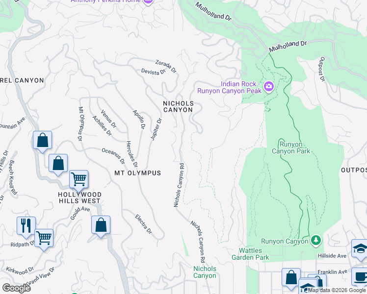 map of restaurants, bars, coffee shops, grocery stores, and more near 2300 Nichols Canyon Road in Los Angeles