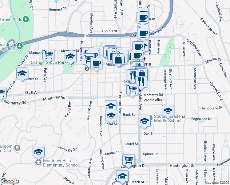 map of restaurants, bars, coffee shops, grocery stores, and more near 1130 Windsor Place in South Pasadena