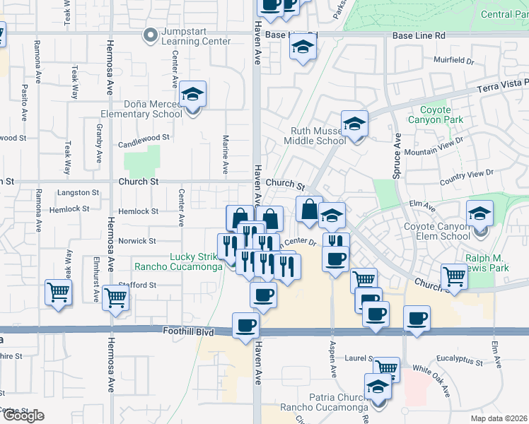 map of restaurants, bars, coffee shops, grocery stores, and more near 7784 Haywood Place in Rancho Cucamonga