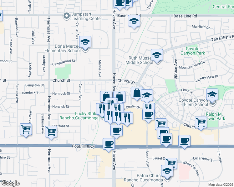 map of restaurants, bars, coffee shops, grocery stores, and more near 7784 Haywood Place in Rancho Cucamonga