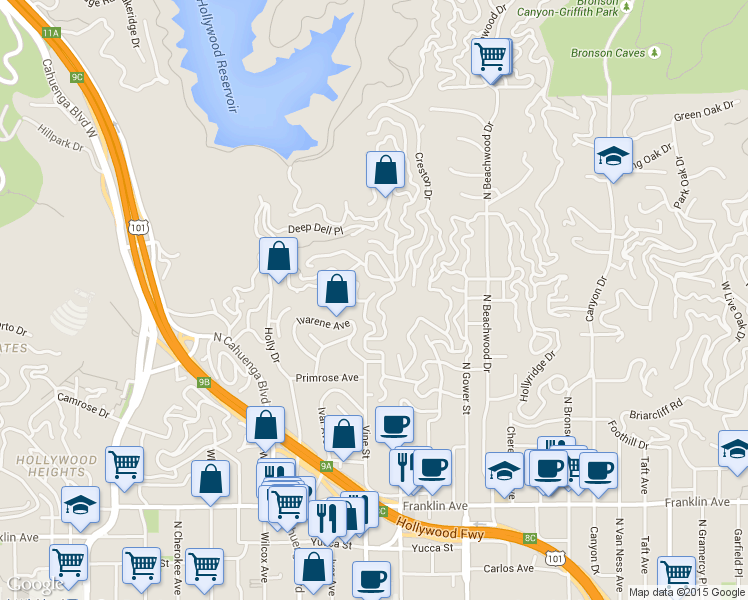 map of restaurants, bars, coffee shops, grocery stores, and more near 2307 El Contento Drive in Los Angeles