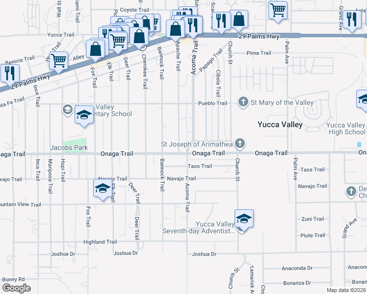map of restaurants, bars, coffee shops, grocery stores, and more near 7653 Apache Trail in Yucca Valley