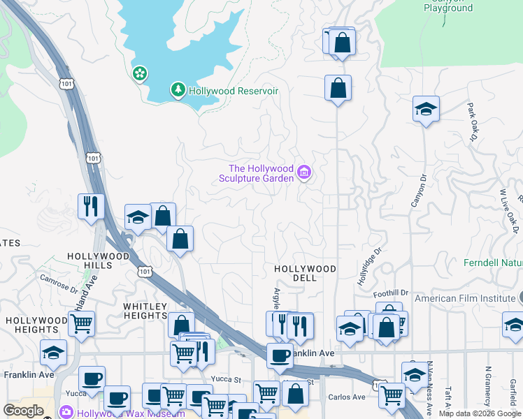 map of restaurants, bars, coffee shops, grocery stores, and more near 2307 El Contento Drive in Los Angeles
