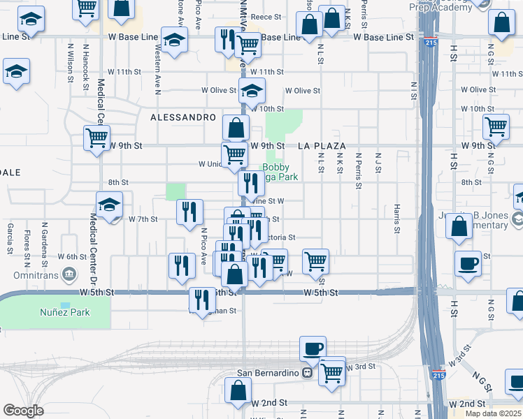 map of restaurants, bars, coffee shops, grocery stores, and more near 1279 Vine Street West in San Bernardino