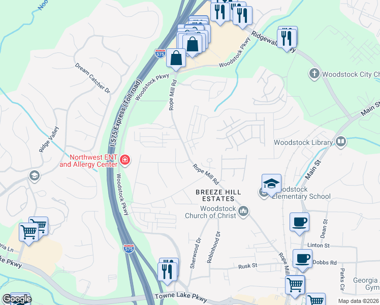 map of restaurants, bars, coffee shops, grocery stores, and more near 406 Falcon Court in Woodstock