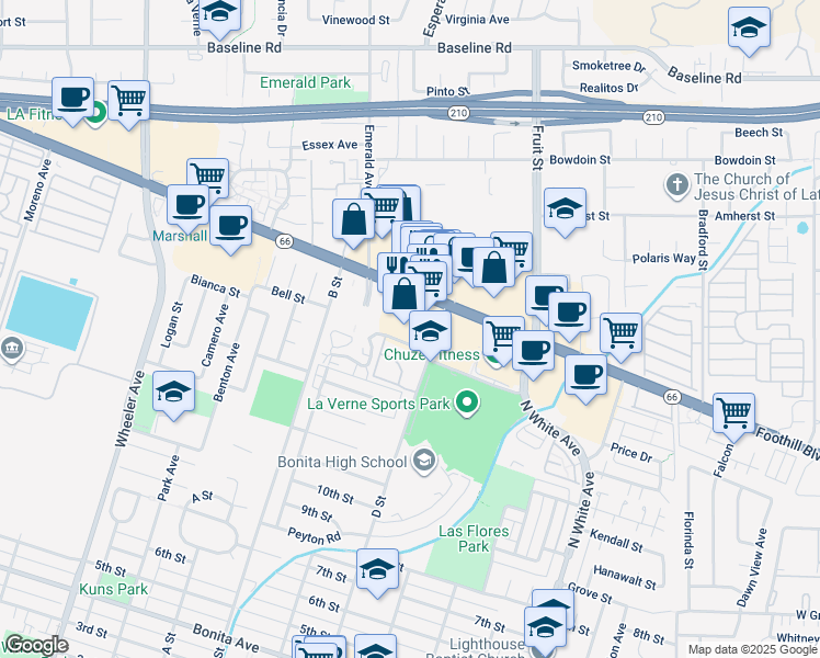 map of restaurants, bars, coffee shops, grocery stores, and more near 2080 Foothill Blvd in La Verne
