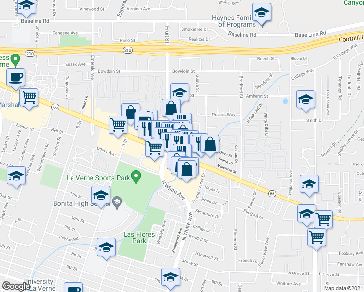 map of restaurants, bars, coffee shops, grocery stores, and more near 2369 Foothill Boulevard in La Verne