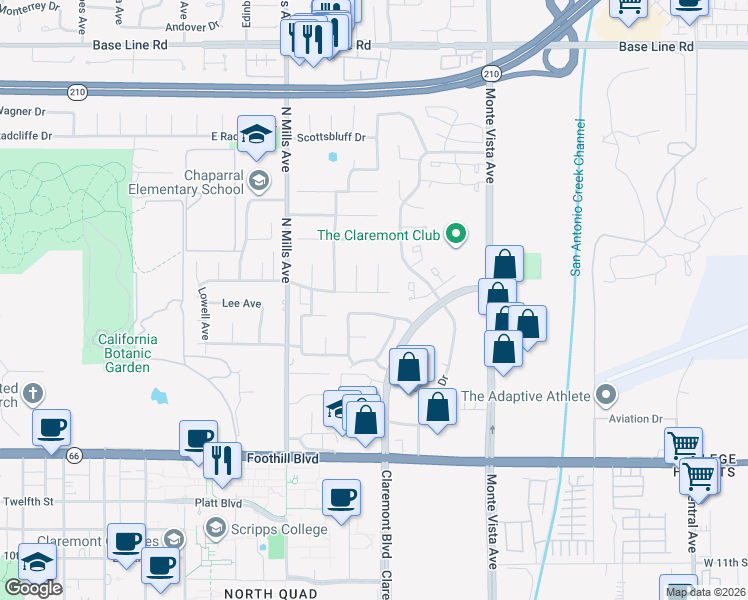 map of restaurants, bars, coffee shops, grocery stores, and more near 685 Rockford Drive in Claremont