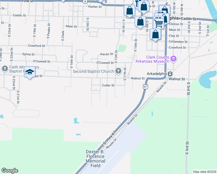 map of restaurants, bars, coffee shops, grocery stores, and more near 1208 Cutler Street in Arkadelphia