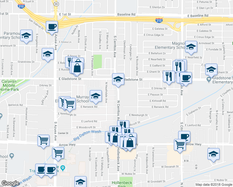 map of restaurants, bars, coffee shops, grocery stores, and more near 17941 East Payson Street in Azusa