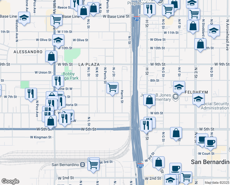 map of restaurants, bars, coffee shops, grocery stores, and more near 731 North J Street in San Bernardino