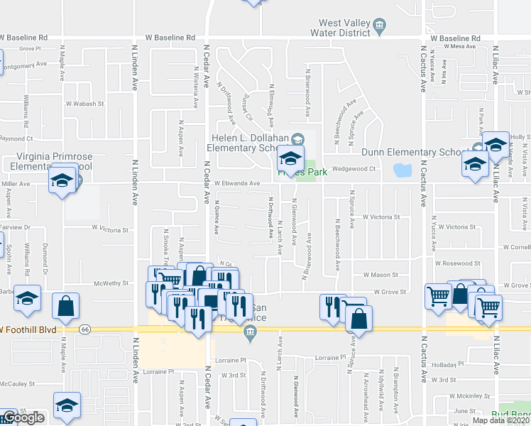 map of restaurants, bars, coffee shops, grocery stores, and more near 1117 West Van Koevering Street in Rialto