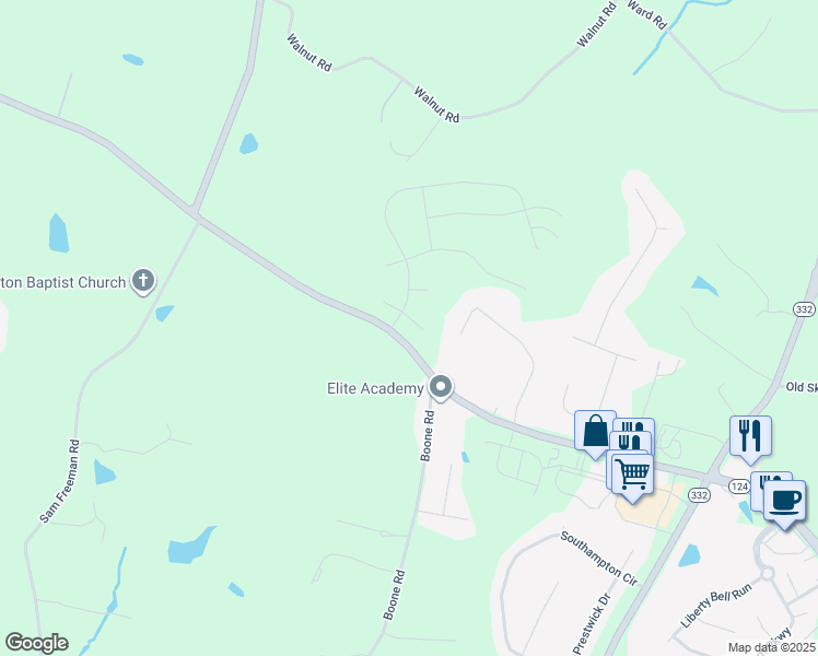 map of restaurants, bars, coffee shops, grocery stores, and more near 6696 Georgia 124 in Hoschton