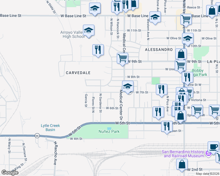 map of restaurants, bars, coffee shops, grocery stores, and more near 1699 Vine Street West in San Bernardino