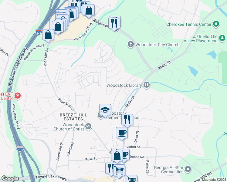 map of restaurants, bars, coffee shops, grocery stores, and more near 511 Quinn Drive in Woodstock