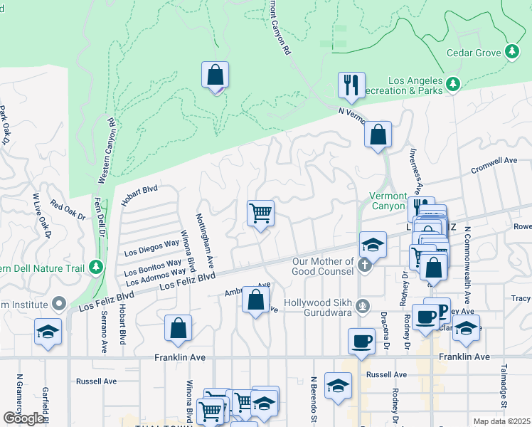 map of restaurants, bars, coffee shops, grocery stores, and more near 2406 North Catalina Street in Los Angeles