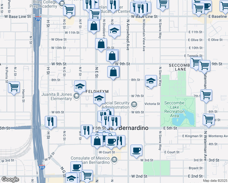 map of restaurants, bars, coffee shops, grocery stores, and more near 723 North D Street in San Bernardino