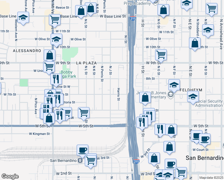 map of restaurants, bars, coffee shops, grocery stores, and more near 731 North J Street in San Bernardino