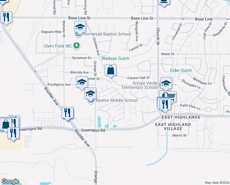 map of restaurants, bars, coffee shops, grocery stores, and more near 28635 Greenville Circle in Highland