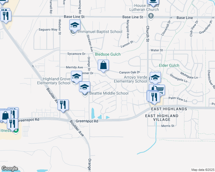 map of restaurants, bars, coffee shops, grocery stores, and more near 28635 Greenville Circle in Highland