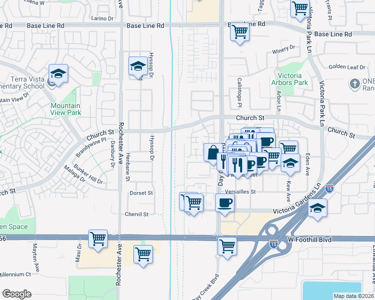 map of restaurants, bars, coffee shops, grocery stores, and more near 7736 Chambray Place in Rancho Cucamonga