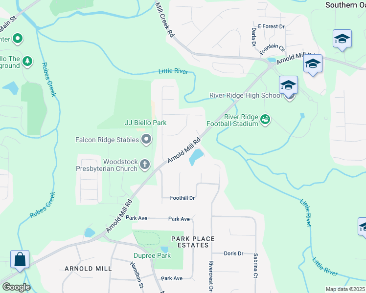 map of restaurants, bars, coffee shops, grocery stores, and more near 208 Mayflower Drive in Woodstock