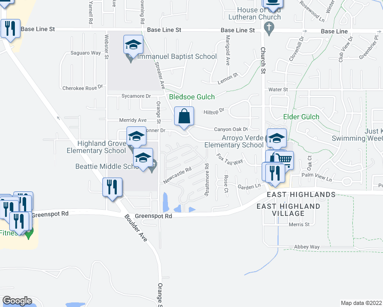 map of restaurants, bars, coffee shops, grocery stores, and more near 28635 Greenville Circle in Highland