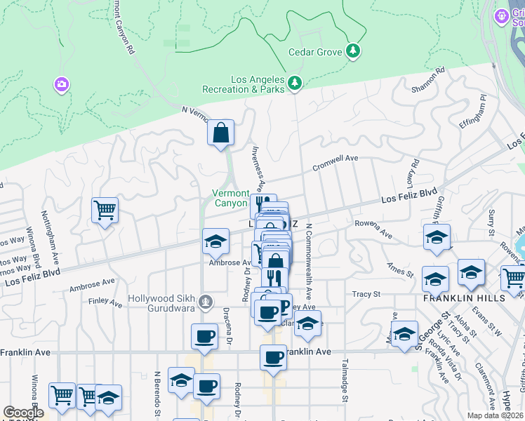 map of restaurants, bars, coffee shops, grocery stores, and more near 2225 Hillhurst Avenue in Los Angeles