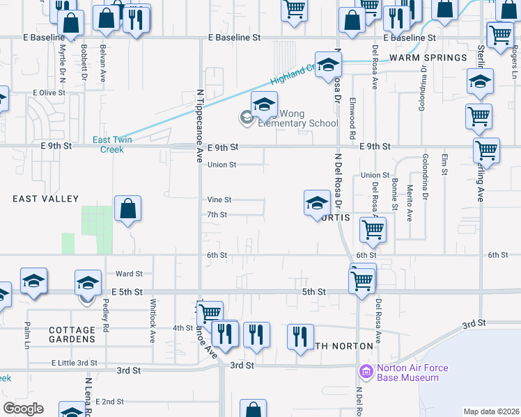 map of restaurants, bars, coffee shops, grocery stores, and more near 25038 Vine Street in San Bernardino