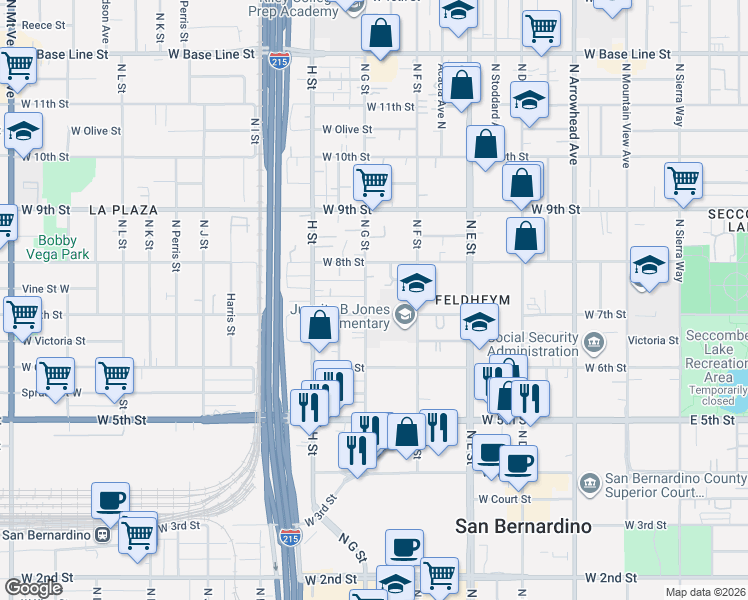 map of restaurants, bars, coffee shops, grocery stores, and more near 749 North G Street in San Bernardino