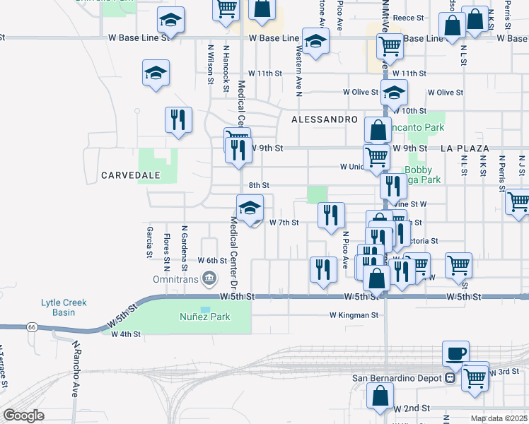 map of restaurants, bars, coffee shops, grocery stores, and more near 1566 Vine Street West in San Bernardino