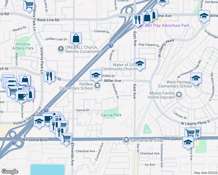 map of restaurants, bars, coffee shops, grocery stores, and more near 13108 Gabay Court in Rancho Cucamonga