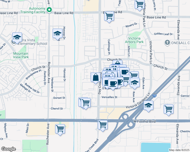 map of restaurants, bars, coffee shops, grocery stores, and more near 7721 Hess Place in Rancho Cucamonga