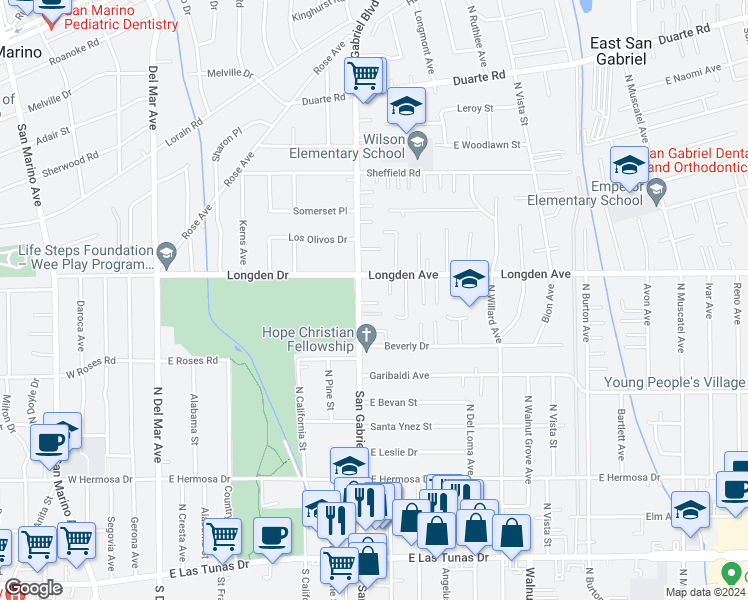 map of restaurants, bars, coffee shops, grocery stores, and more near 6259 Charonoak Place in San Gabriel