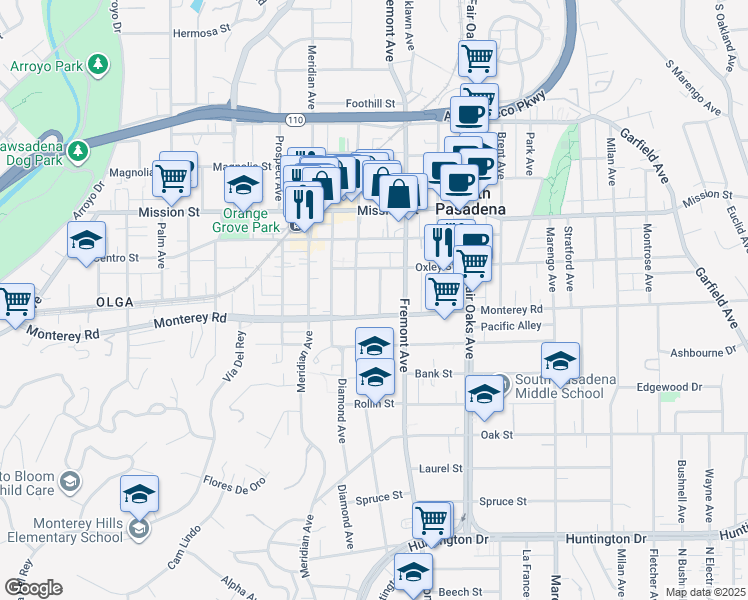 map of restaurants, bars, coffee shops, grocery stores, and more near 1114 Fairview Avenue in South Pasadena