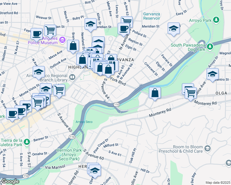 map of restaurants, bars, coffee shops, grocery stores, and more near 201 South Avenue 66 in Los Angeles