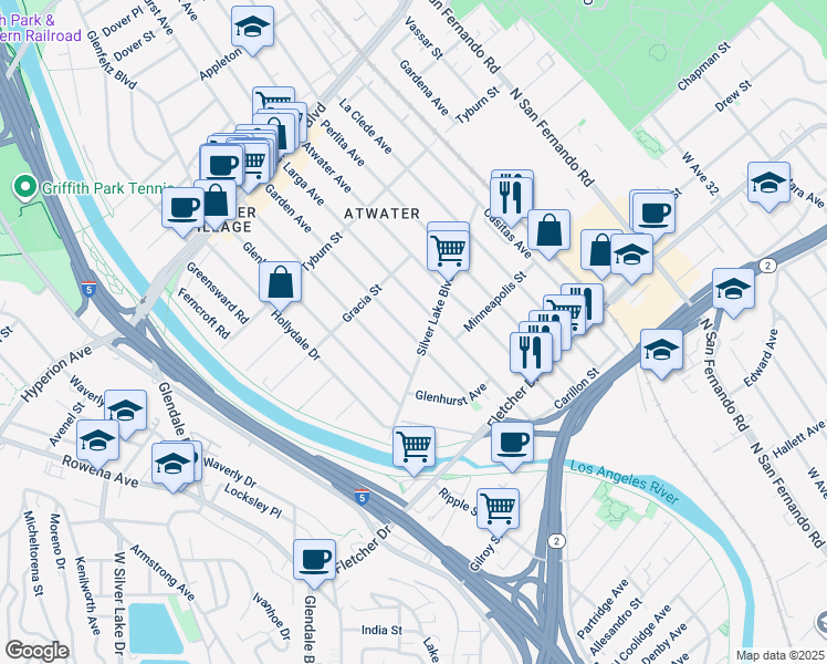 map of restaurants, bars, coffee shops, grocery stores, and more near 3235 Garden Avenue in Los Angeles