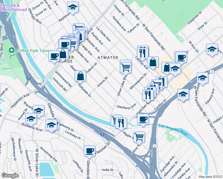 map of restaurants, bars, coffee shops, grocery stores, and more near 3235 Garden Avenue in Los Angeles