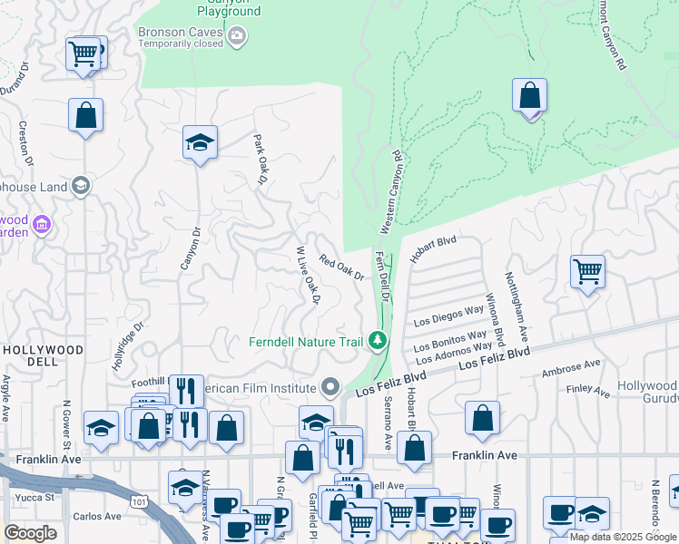 map of restaurants, bars, coffee shops, grocery stores, and more near 5509 Red Oak Drive in Los Angeles