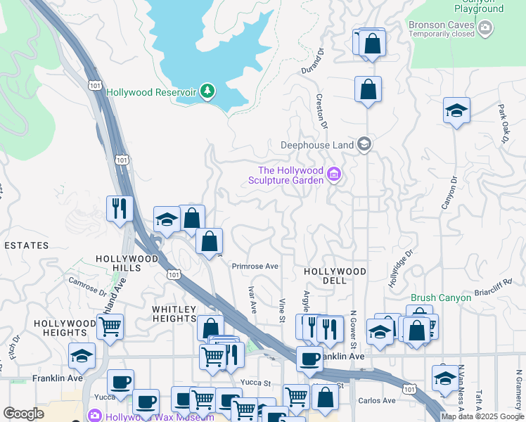 map of restaurants, bars, coffee shops, grocery stores, and more near 6345 Bryn Mawr Drive in Los Angeles