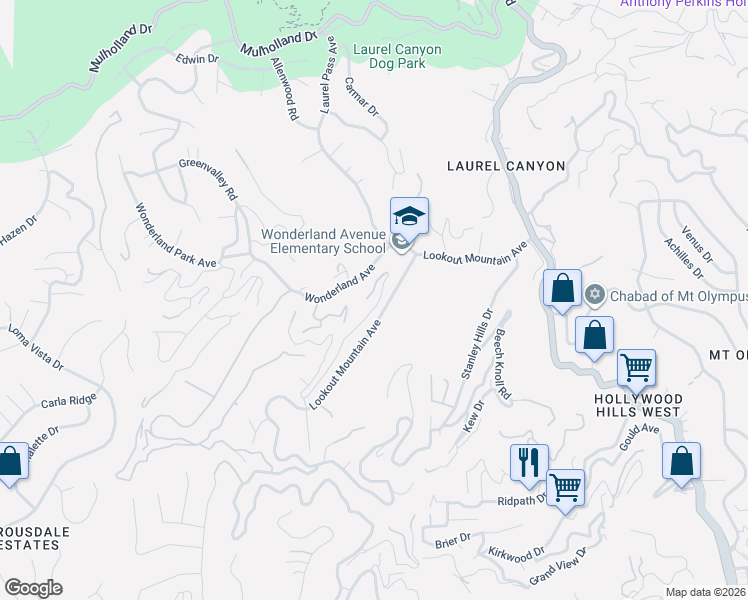 map of restaurants, bars, coffee shops, grocery stores, and more near 8590 Wonderland Avenue in Los Angeles