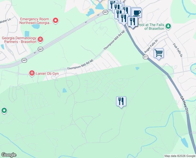 map of restaurants, bars, coffee shops, grocery stores, and more near 5881 Choctaw Lane in Braselton