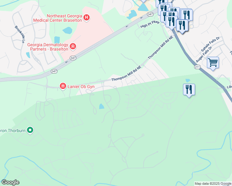 map of restaurants, bars, coffee shops, grocery stores, and more near 2630 Shumard Oak Drive in Braselton