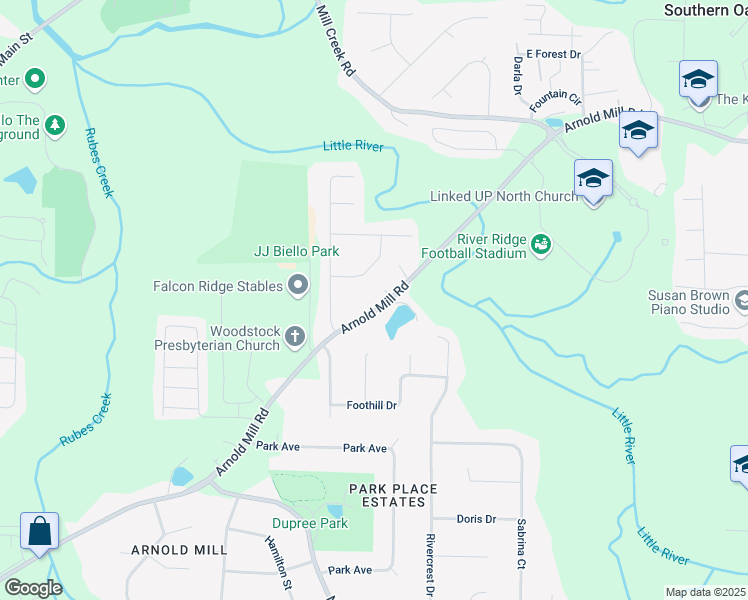 map of restaurants, bars, coffee shops, grocery stores, and more near 369 Arnold Mill Road in Woodstock
