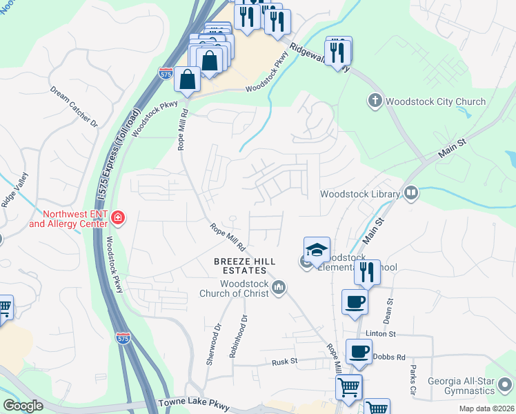 map of restaurants, bars, coffee shops, grocery stores, and more near 929 Magnolia Leaf Drive in Woodstock